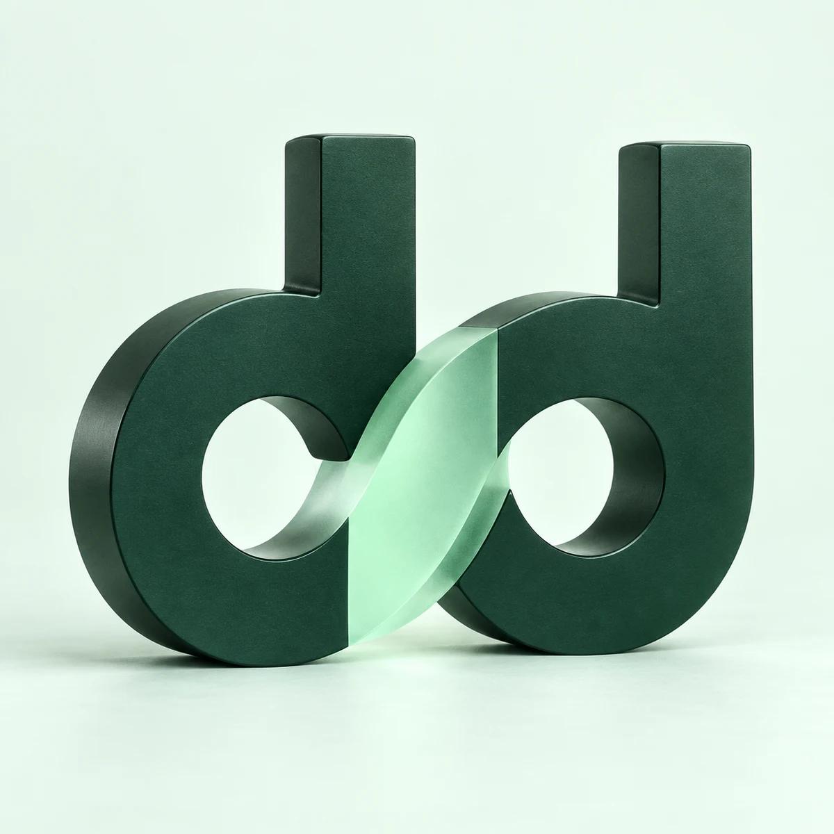 Two interlocking green forms, inspired by Raddiene’s connected double-d symbol